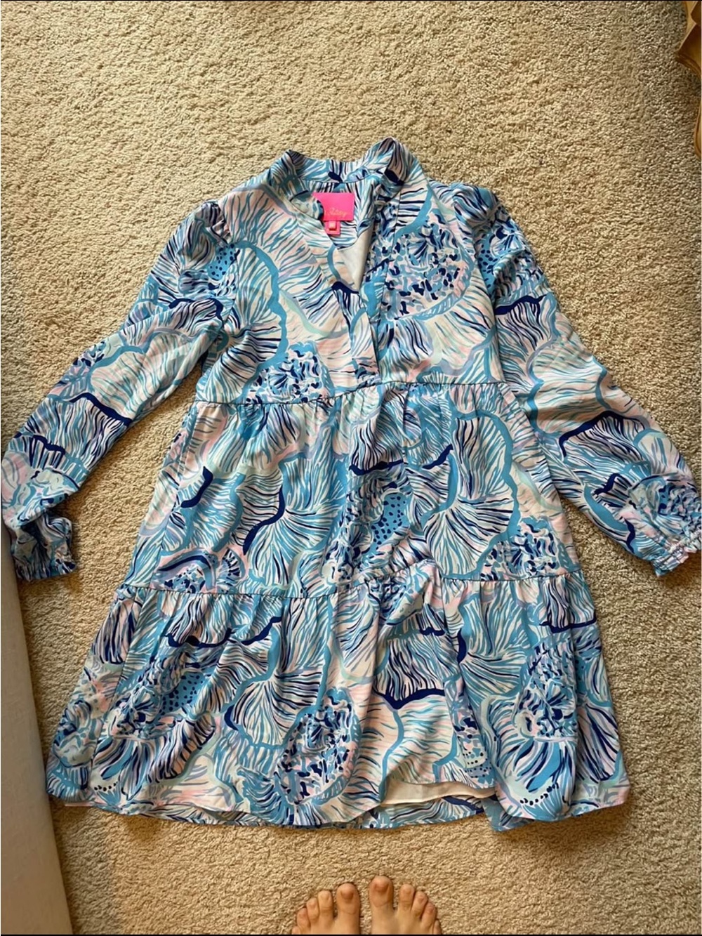Lilly Pulitzer Blue Floral Long Sleeve Tiered Dress